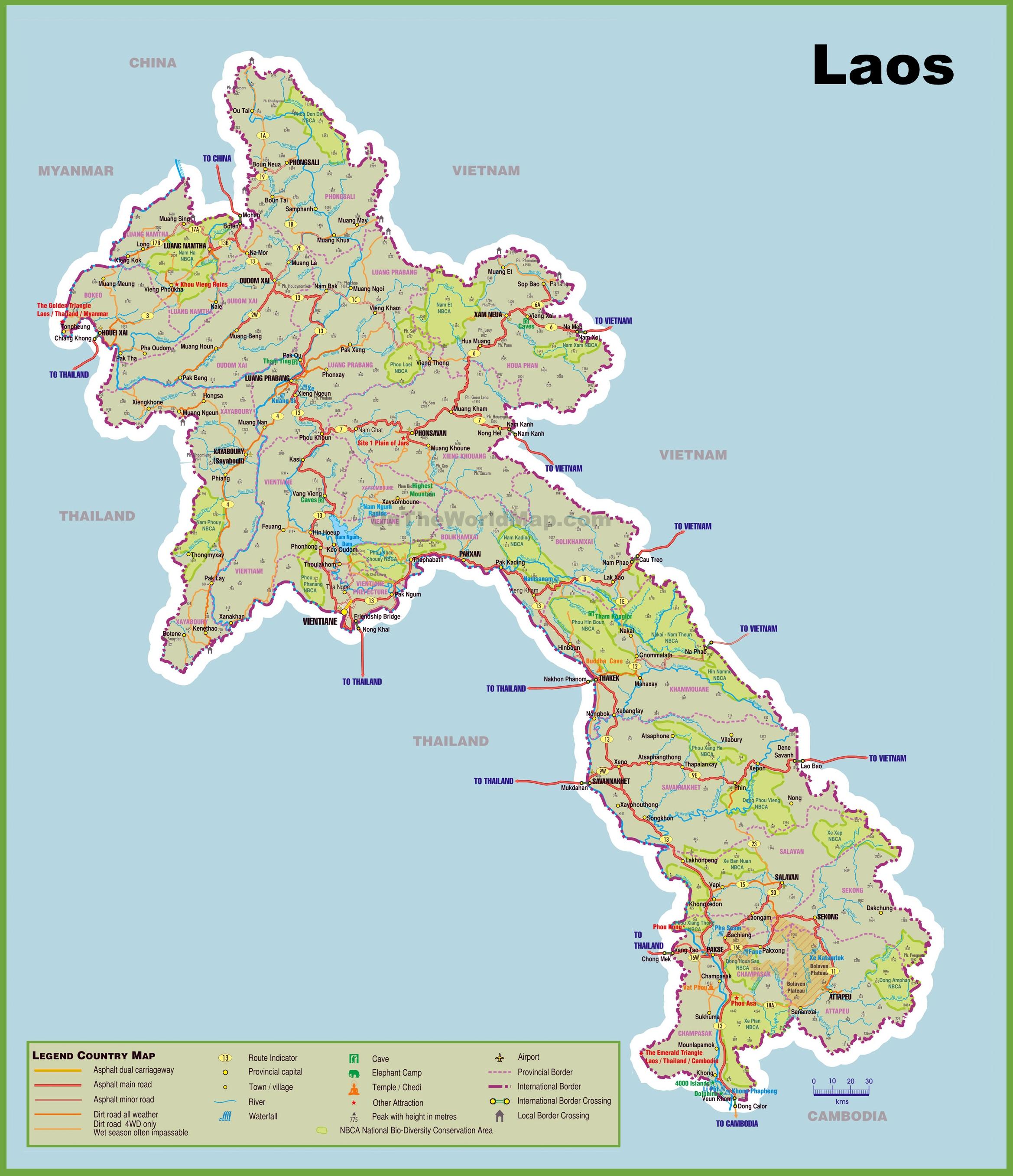 Laos tourist map - Laos tourist attractions map (South-Eastern Asia - Asia)
