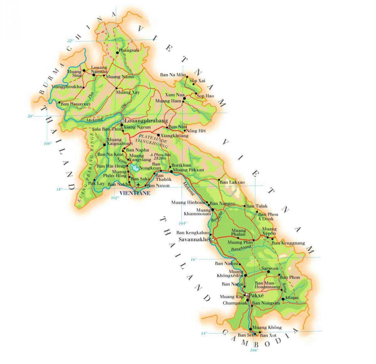 Map of laos physical 